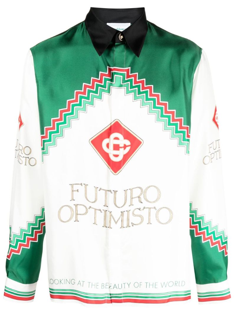 White Futuro Optimisto-print Silk Shirt