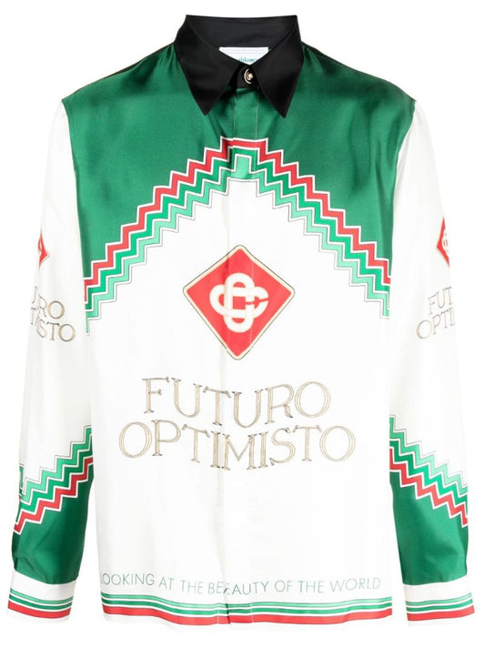 White Futuro Optimisto-print Silk Shirt