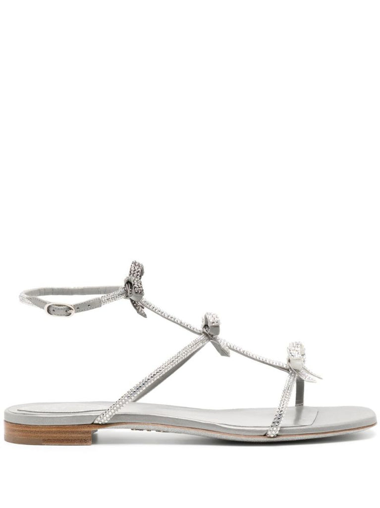 Silver Crystal-embellished Bow Leather Sandals