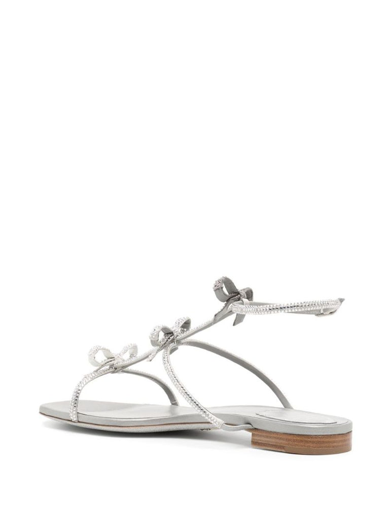 Silver Crystal-embellished Bow Leather Sandals