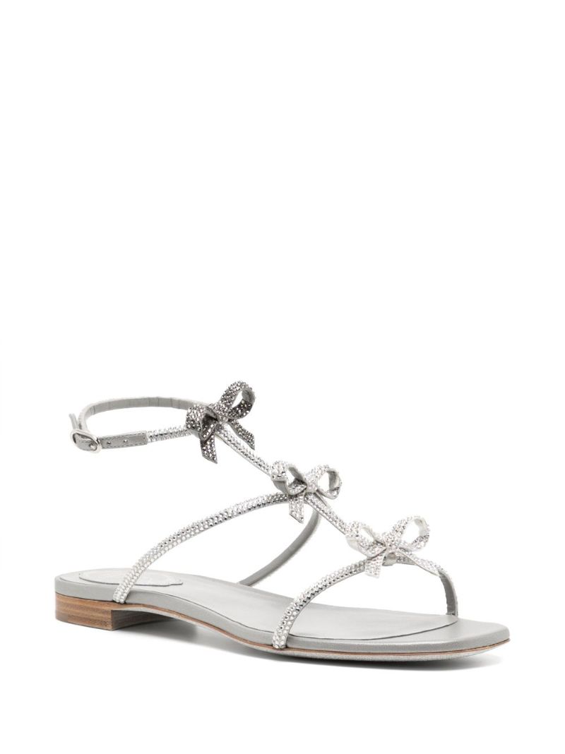 Silver Crystal-embellished Bow Leather Sandals