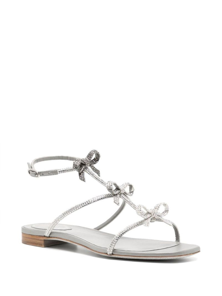 Silver Crystal-embellished Bow Leather Sandals
