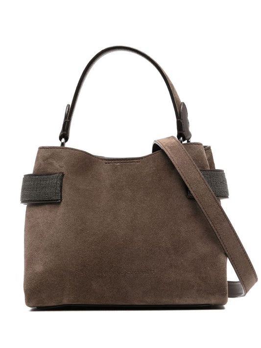 Brown Monili-embellished Suede Shoulder Bag
