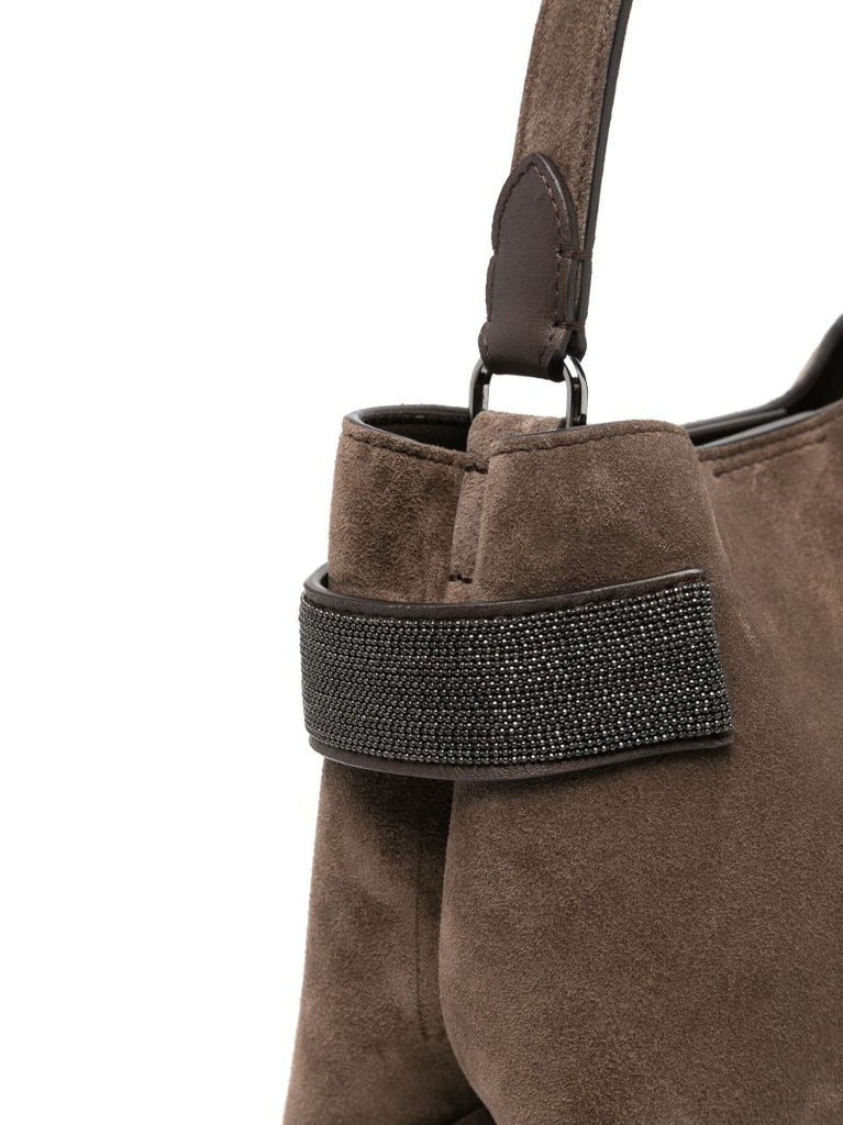 Brown Monili-embellished Suede Shoulder Bag