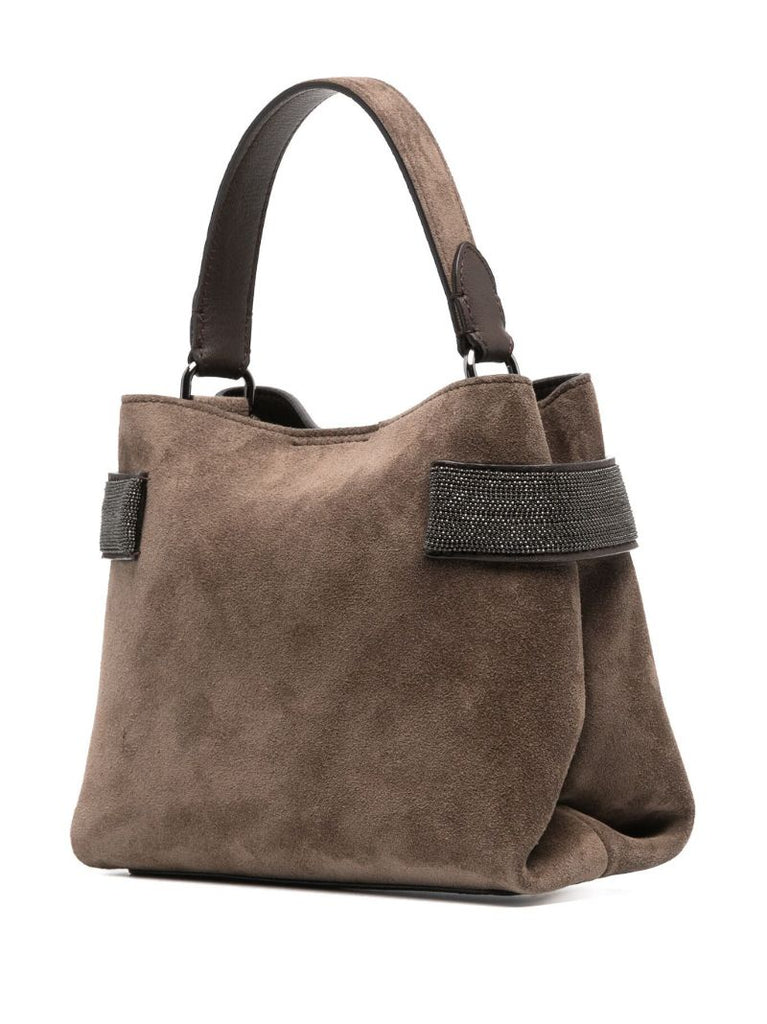 Brown Monili-embellished Suede Shoulder Bag