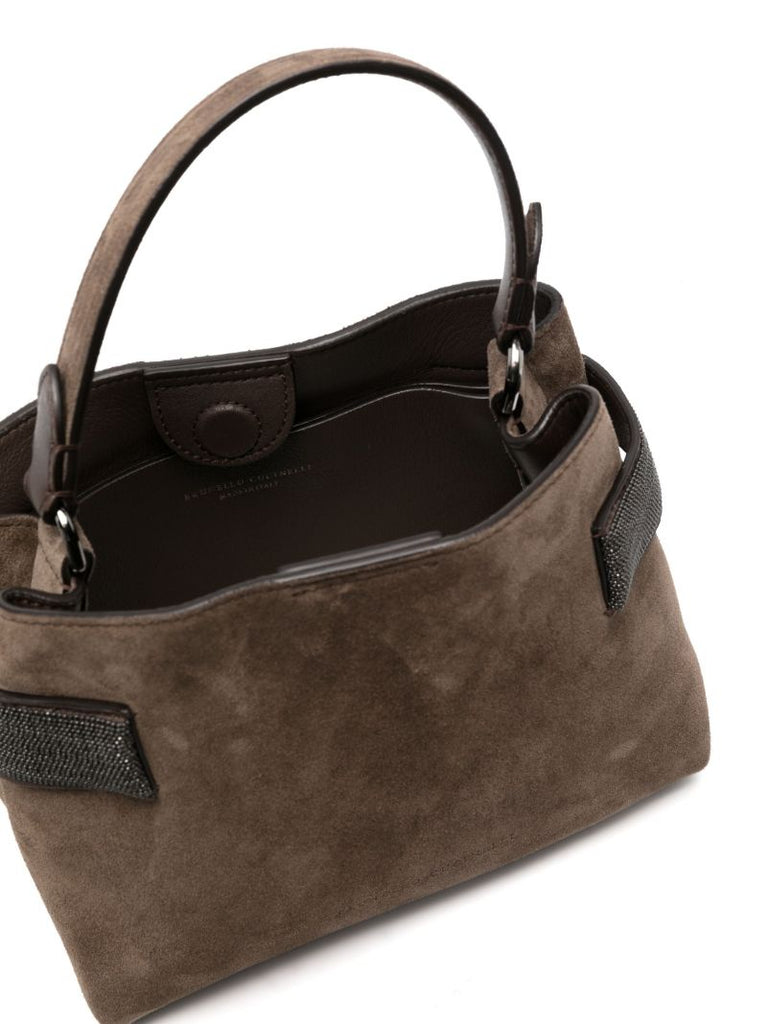 Brown Monili-embellished Suede Shoulder Bag