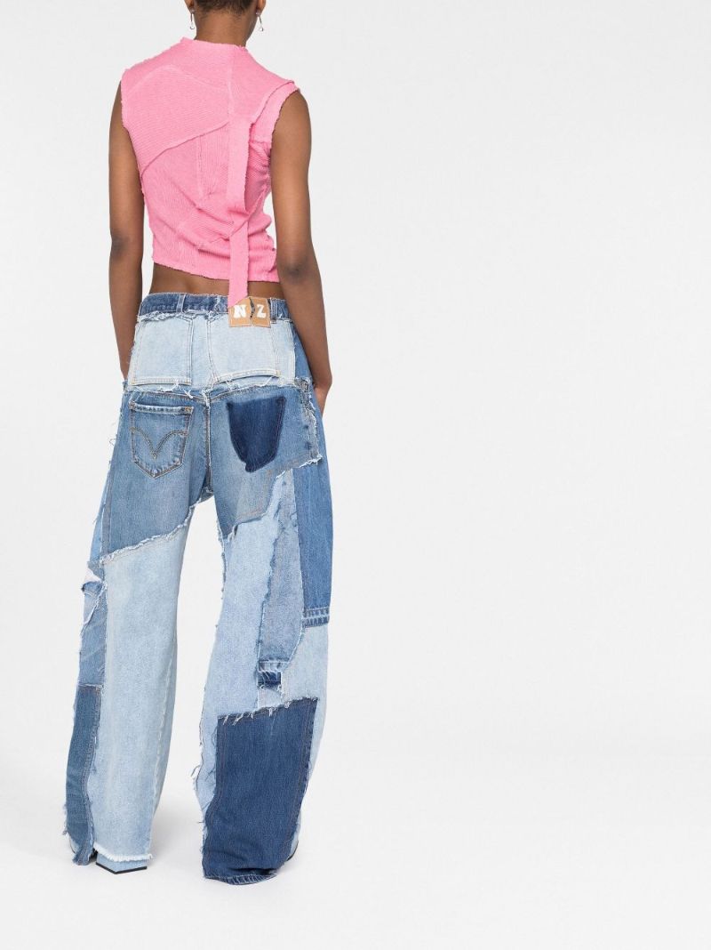 Blue Patchwork Wide-leg Jeans