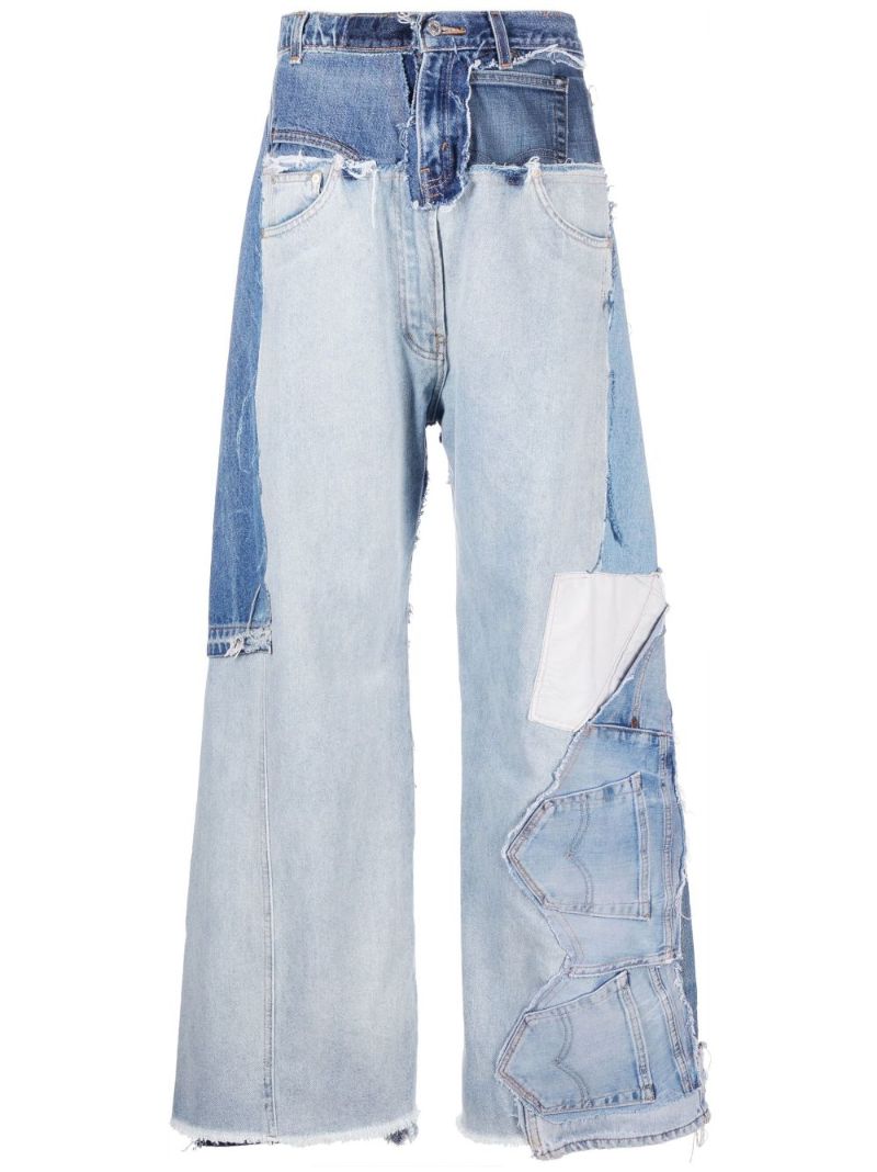 Blue Patchwork Wide-leg Jeans