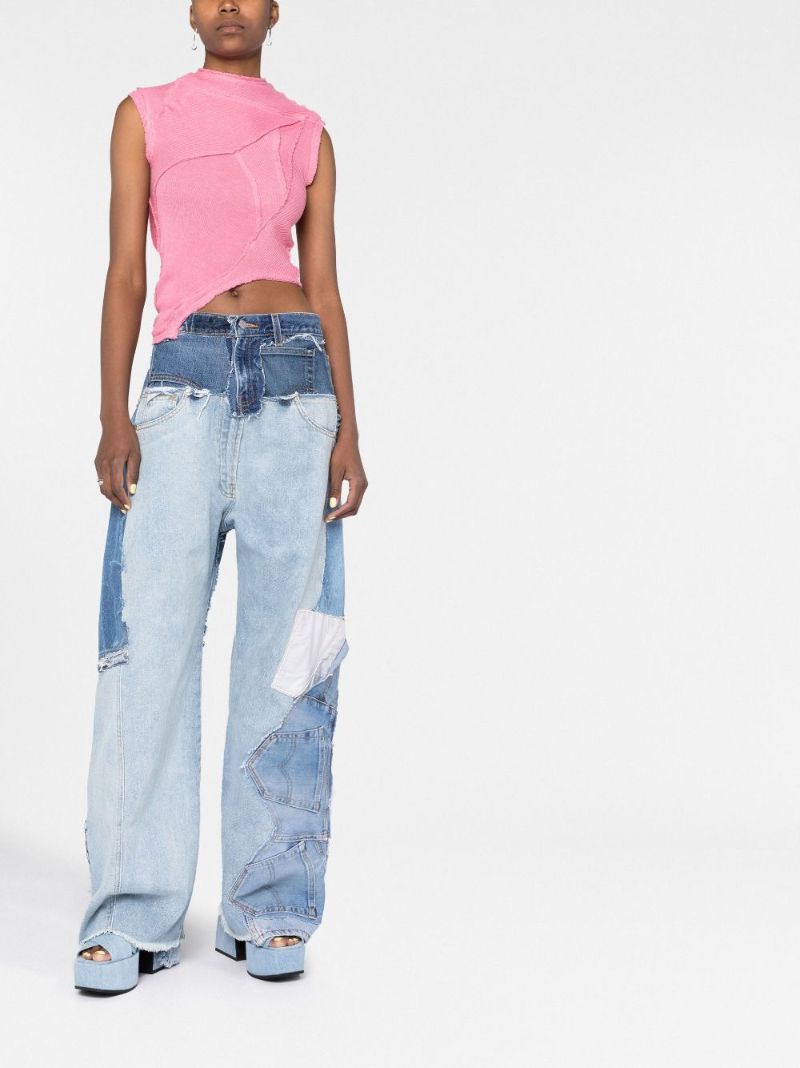 Blue Patchwork Wide-leg Jeans