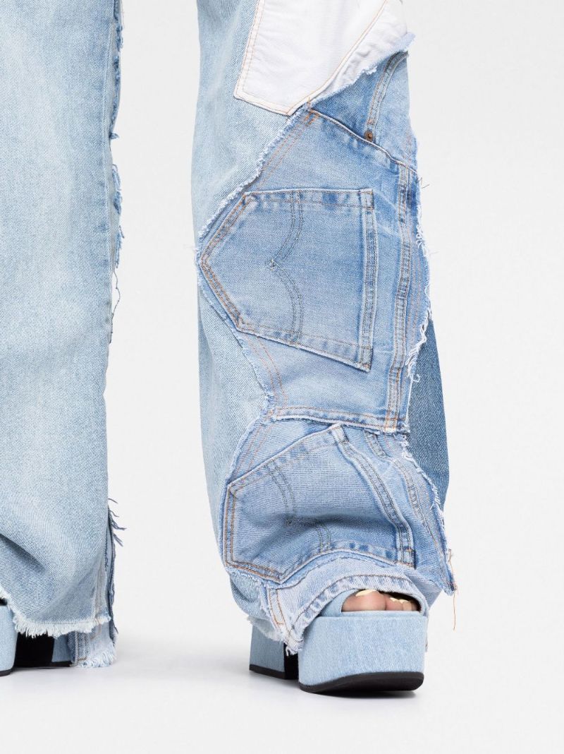 Blue Patchwork Wide-leg Jeans
