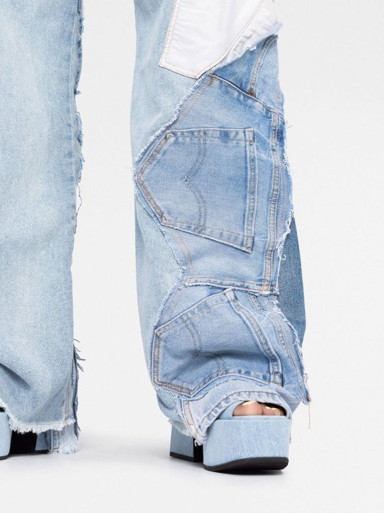 Blue Patchwork Wide-leg Jeans
