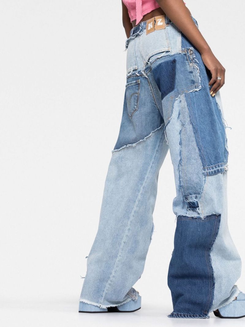 Blue Patchwork Wide-leg Jeans