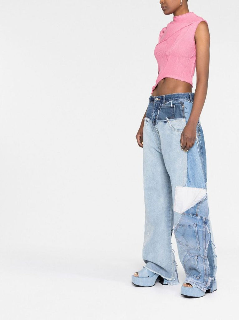 Blue Patchwork Wide-leg Jeans