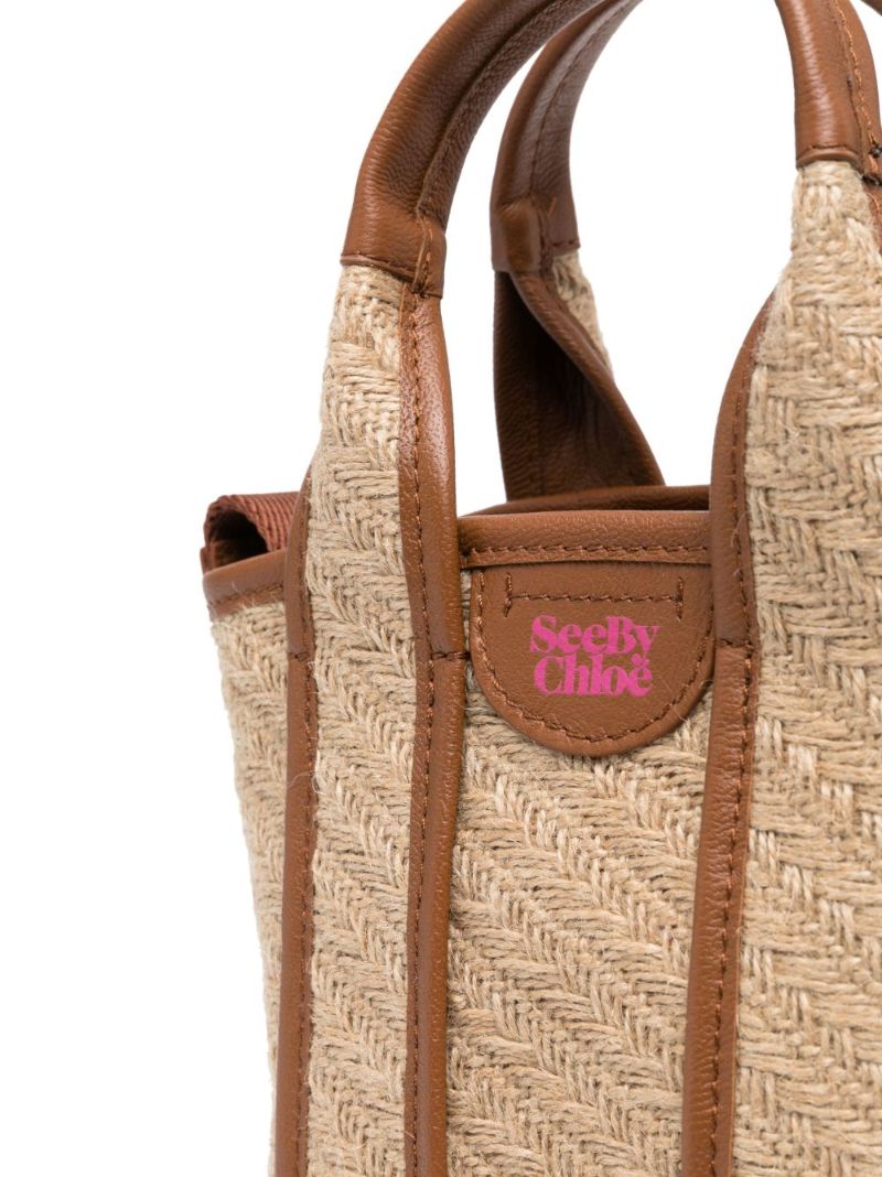 Brown Leather Trim Jute Tote Bag