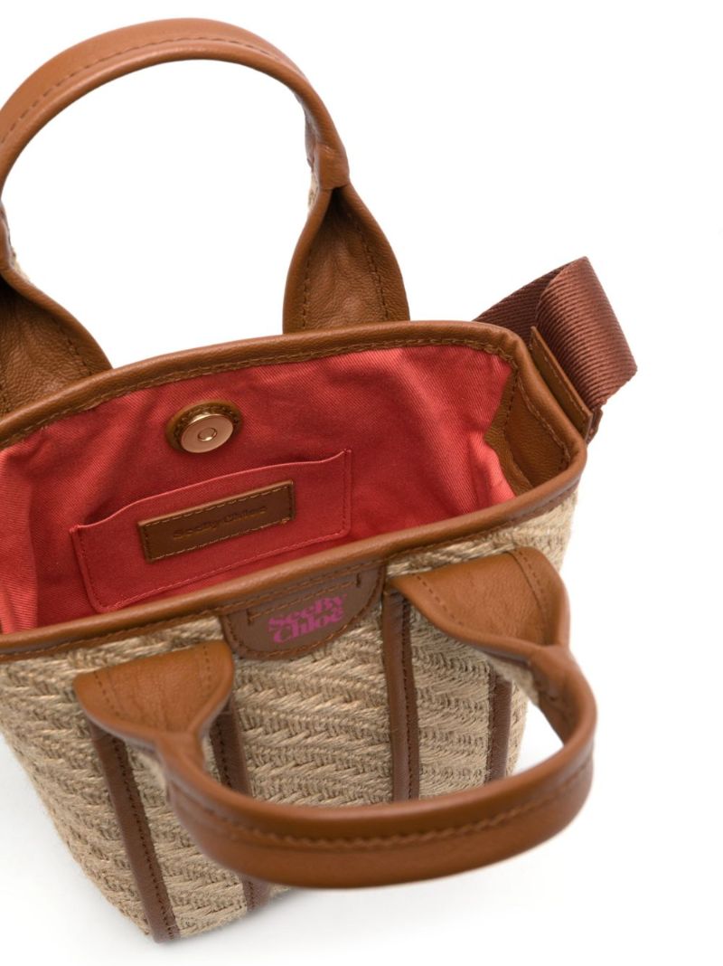 Brown Leather Trim Jute Tote Bag