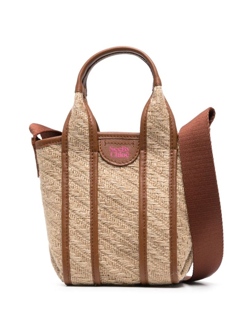 Brown Leather Trim Jute Tote Bag