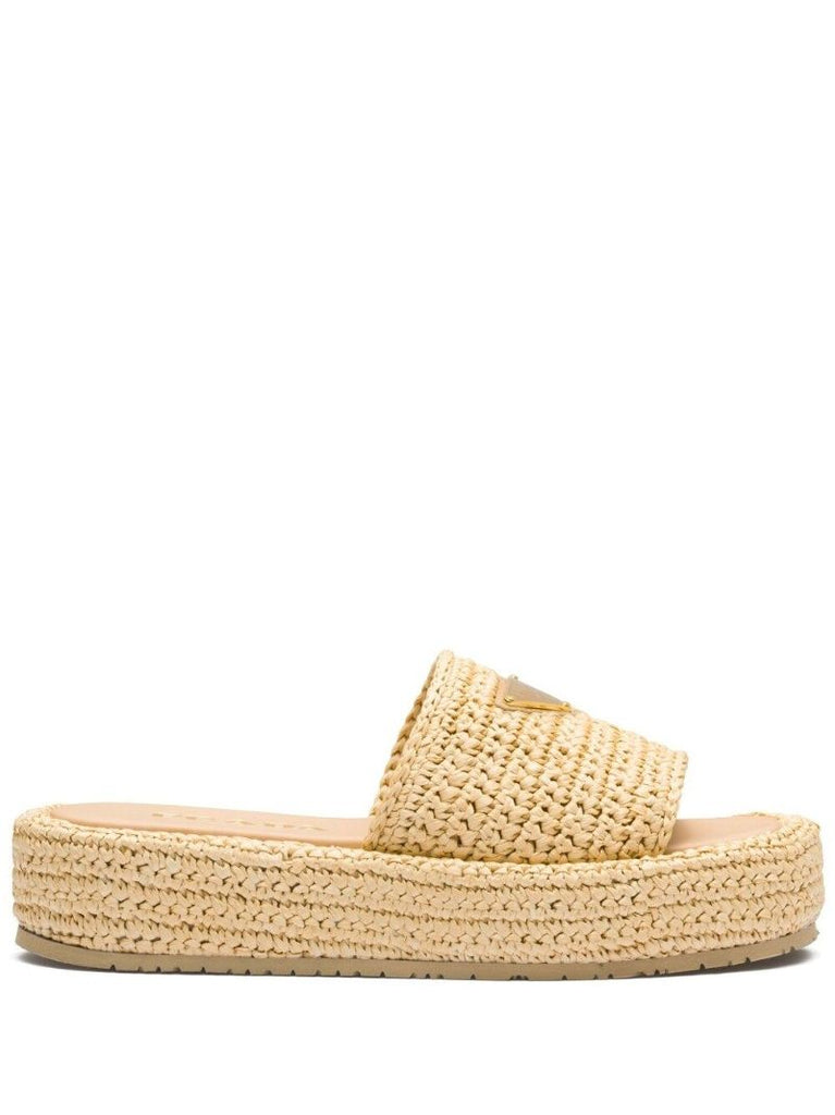 Neutral Raffia Flatform Slides