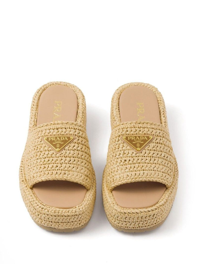 Neutral Raffia Flatform Slides