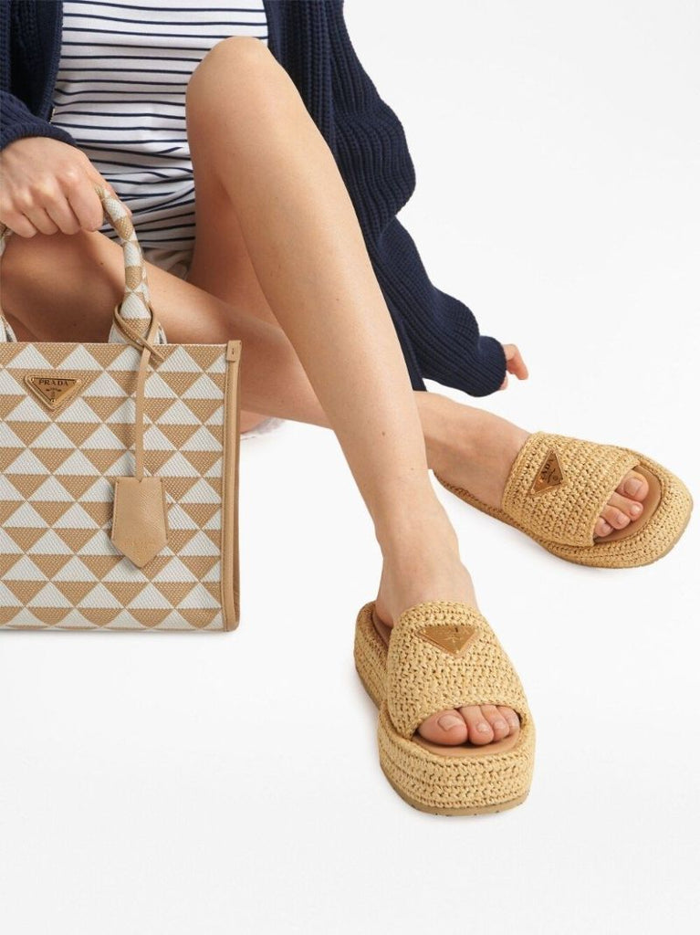 Neutral Raffia Flatform Slides