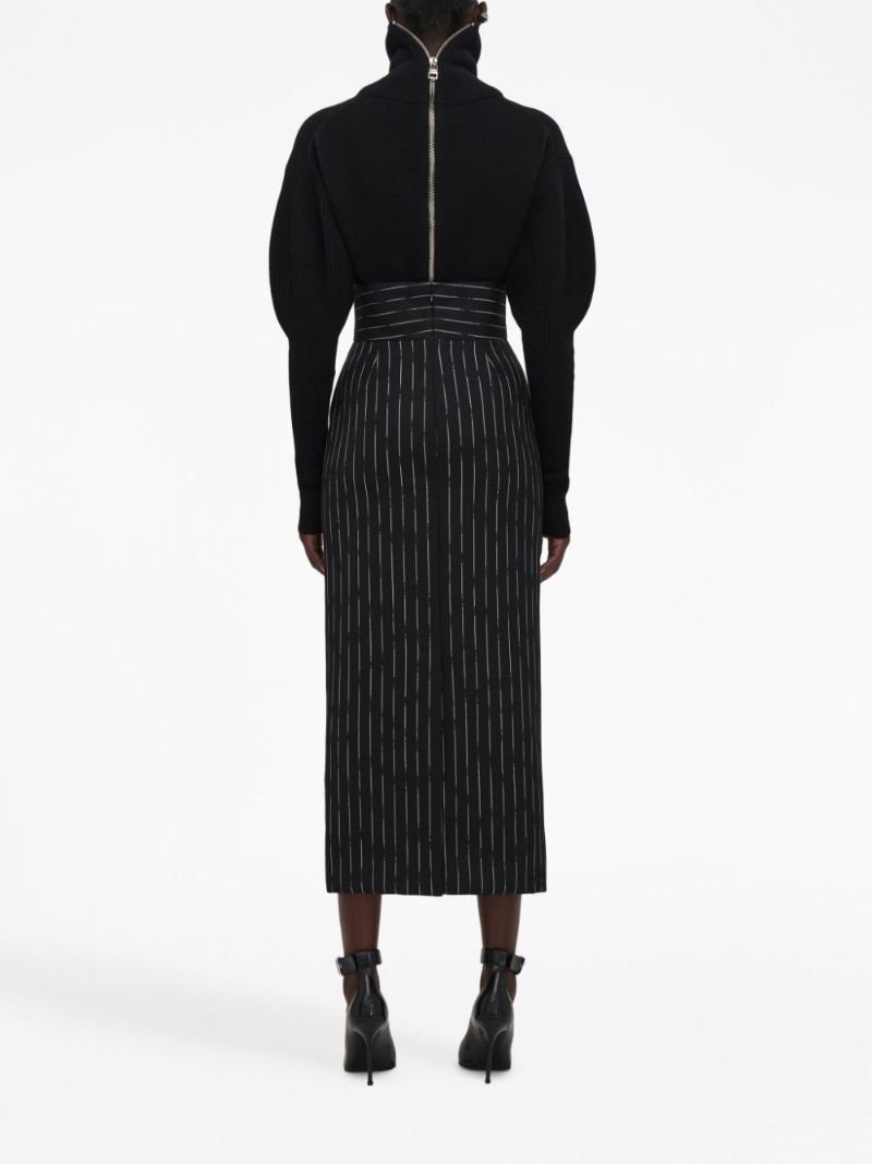 Black Striped Wool Midi Skirt