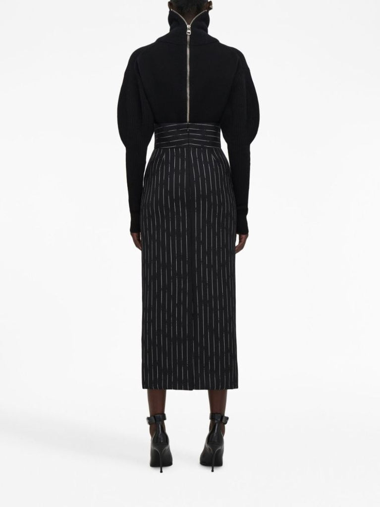 Black Striped Wool Midi Skirt