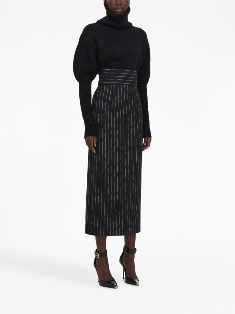 Black Striped Wool Midi Skirt