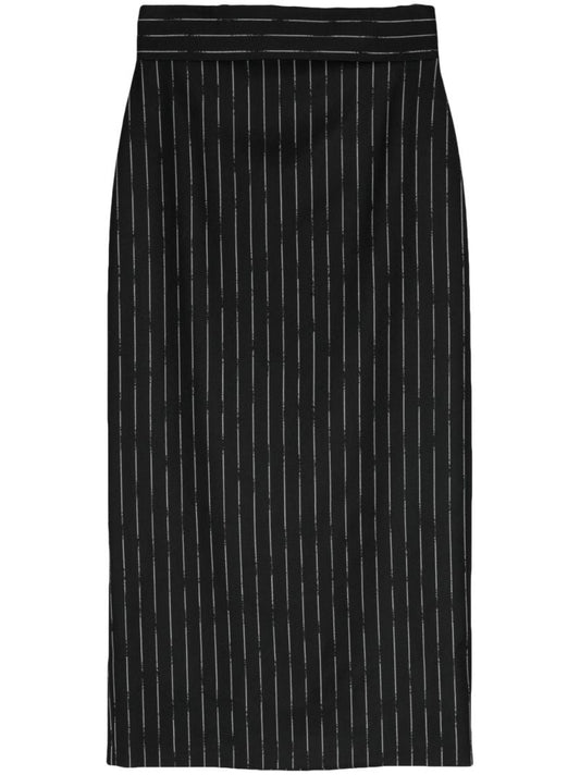 Black Striped Wool Midi Skirt