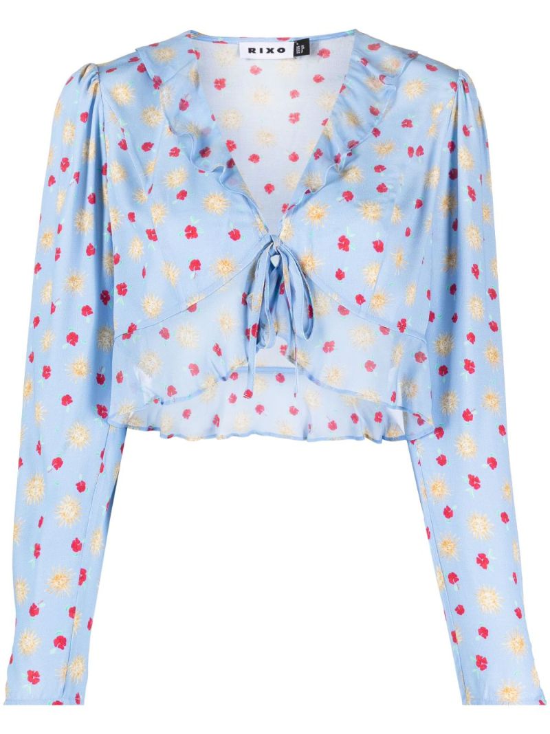 Blue Floral Print Ruffle Blouse