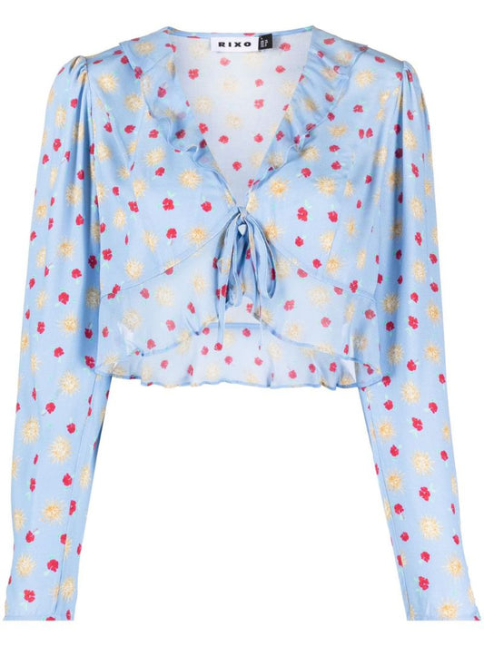 Blue Floral Print Ruffle Blouse