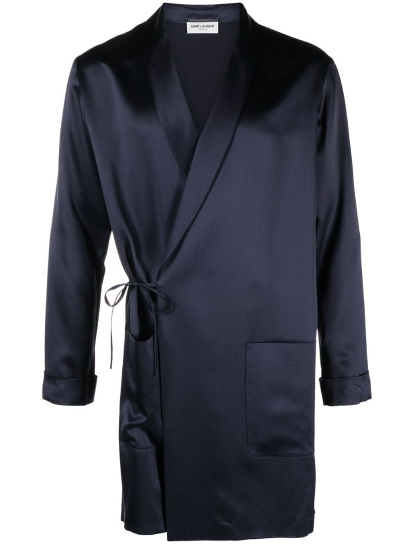 Blue Off-centre Tie Silk Coat