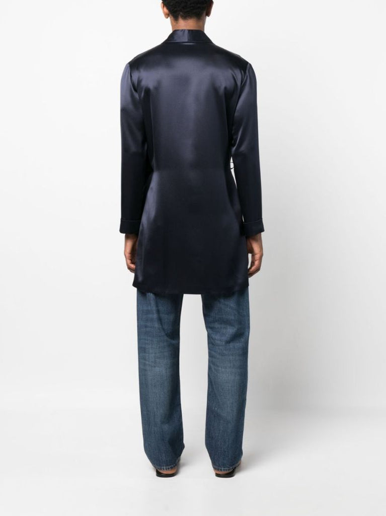 Blue Off-centre Tie Silk Coat