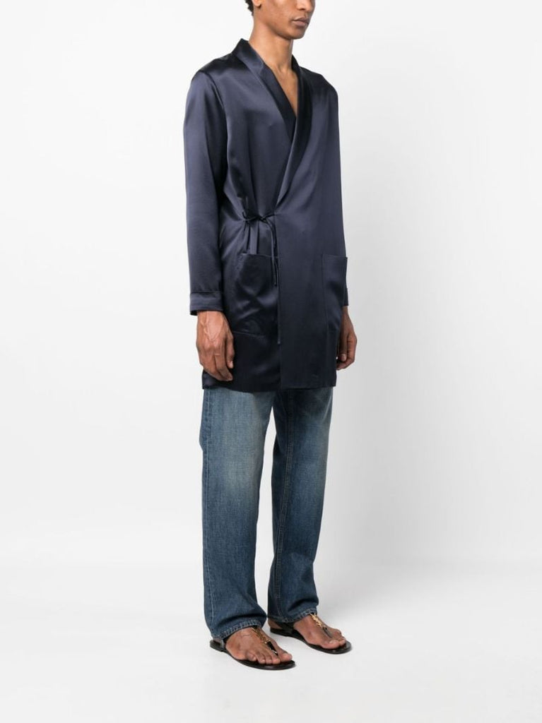Blue Off-centre Tie Silk Coat