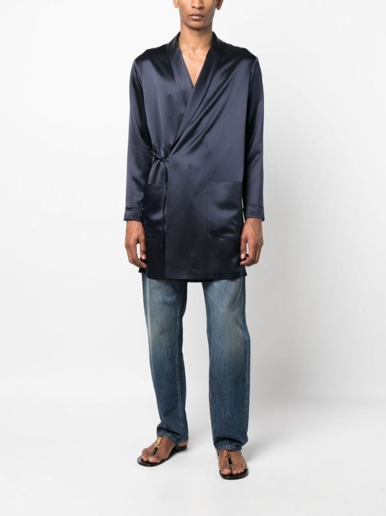 Blue Off-centre Tie Silk Coat