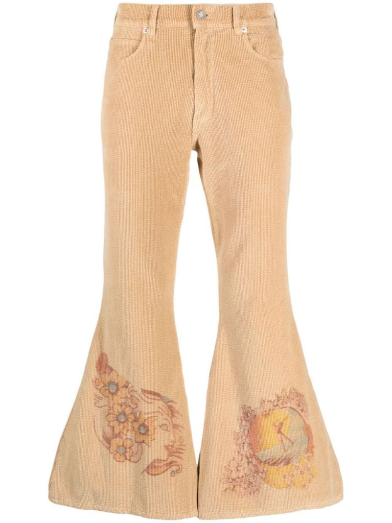 Neutral Graphic Print Corduroy Flared Trousers