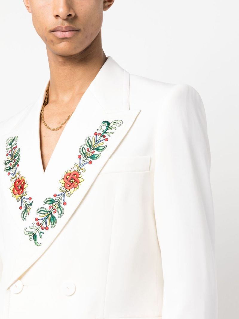 White Embroidered Double-breasted Blazer