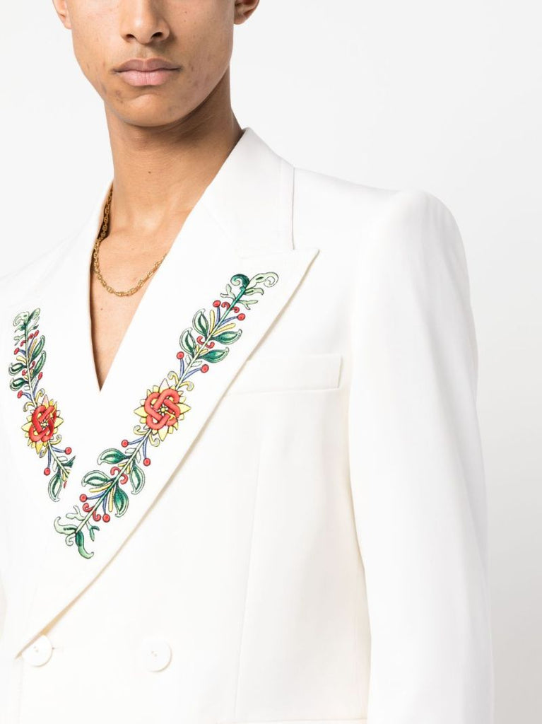 White Embroidered Double-breasted Blazer