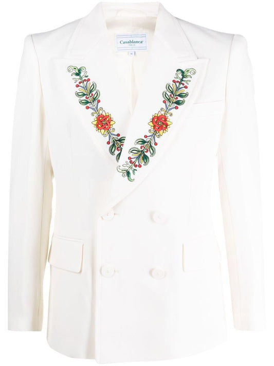 White Embroidered Double-breasted Blazer