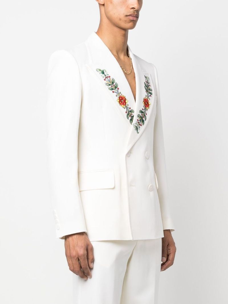 White Embroidered Double-breasted Blazer