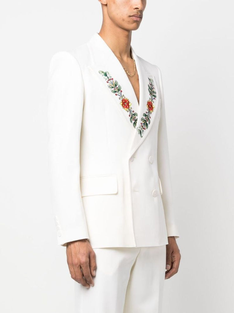 White Embroidered Double-breasted Blazer