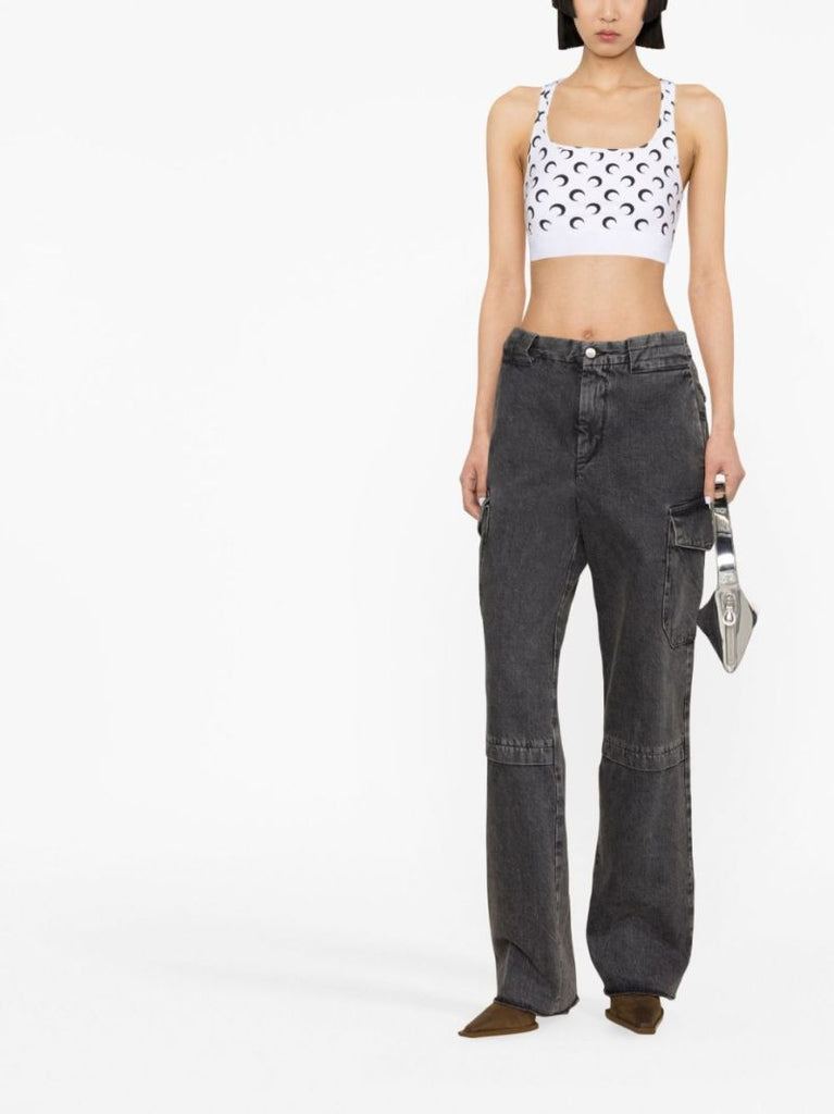 White Crescent Moon-print Crop Top