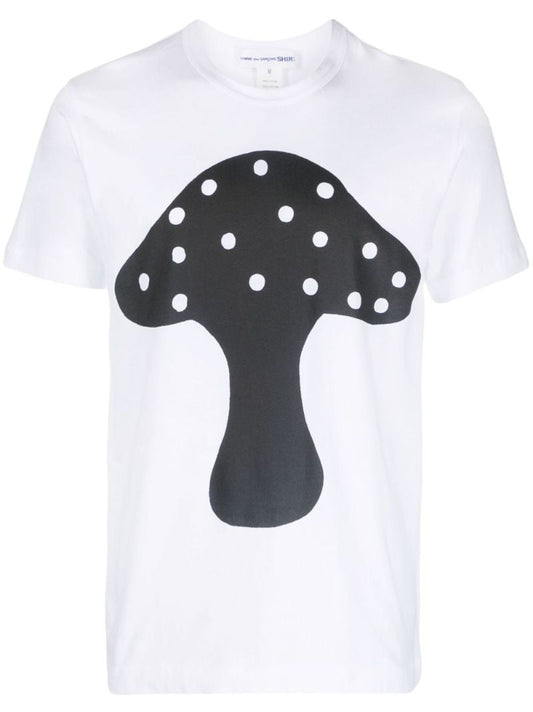 White Mushroom Print Cotton T-shirt