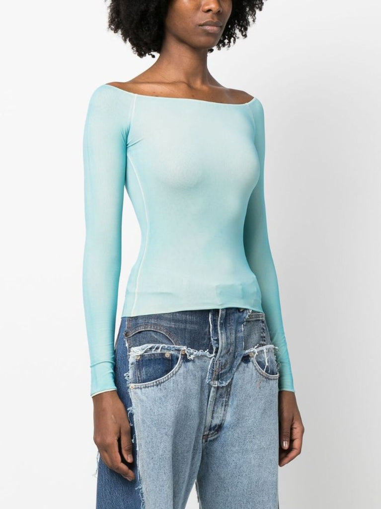 Blue Boat-neck Long-sleeve T-shirt