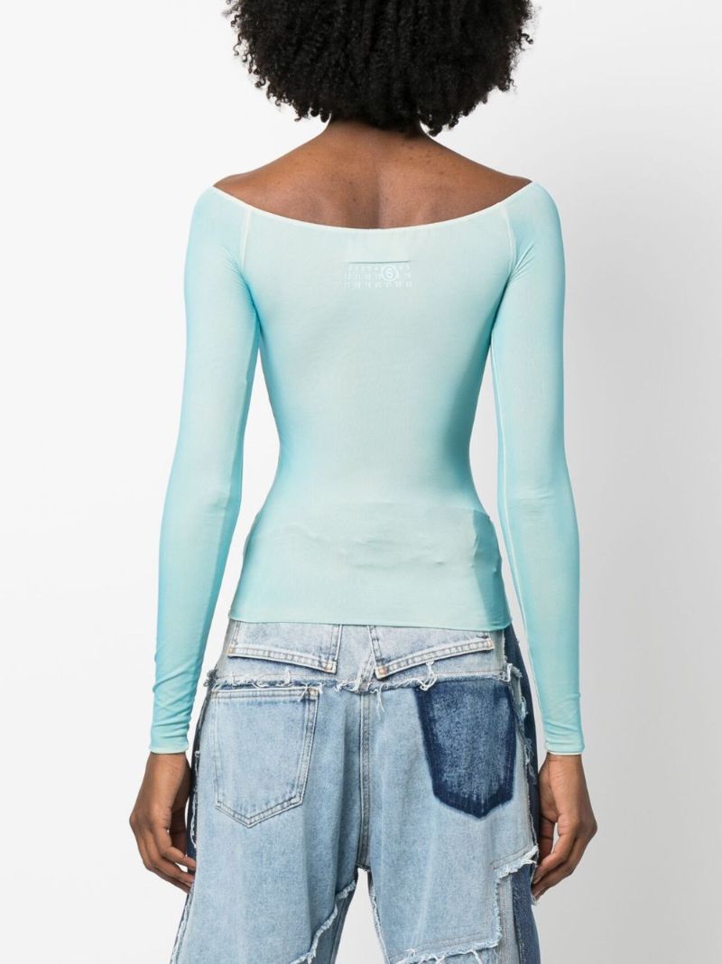 Blue Boat-neck Long-sleeve T-shirt
