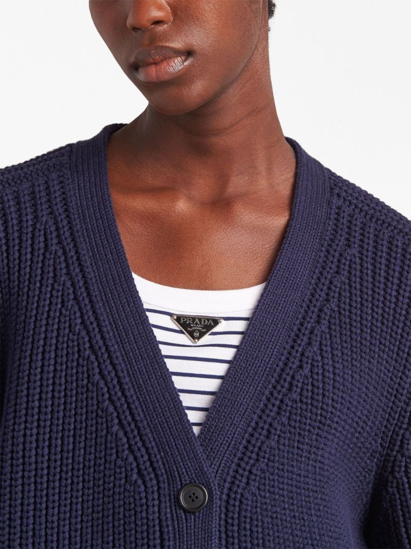Blue Ribbed-knit Cotton Cardigan