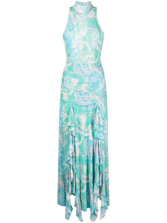 Green Printed Ruffled Maxi Dress