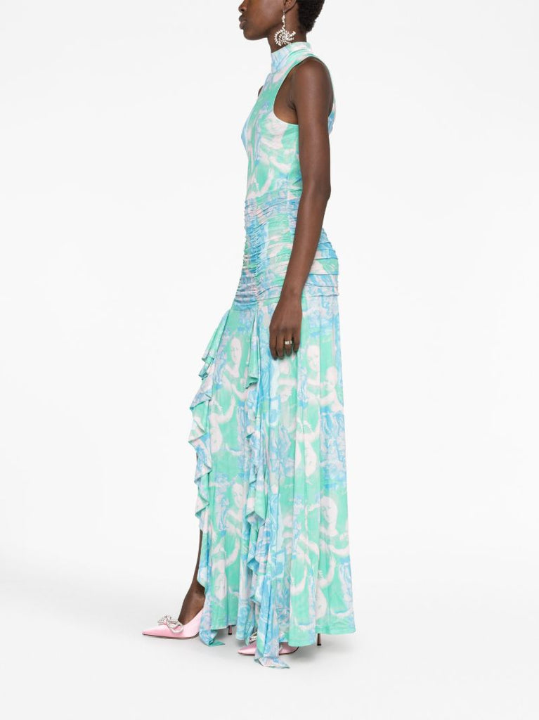 Green Printed Ruffled Maxi Dress