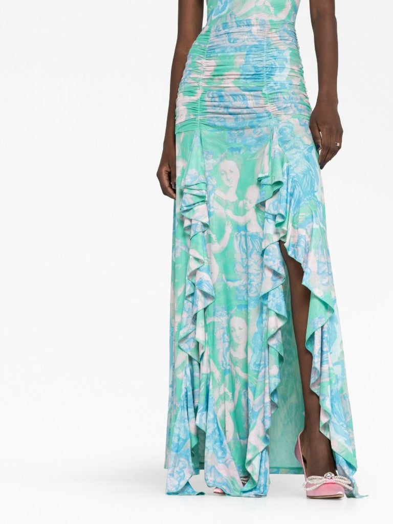 Green Printed Ruffled Maxi Dress
