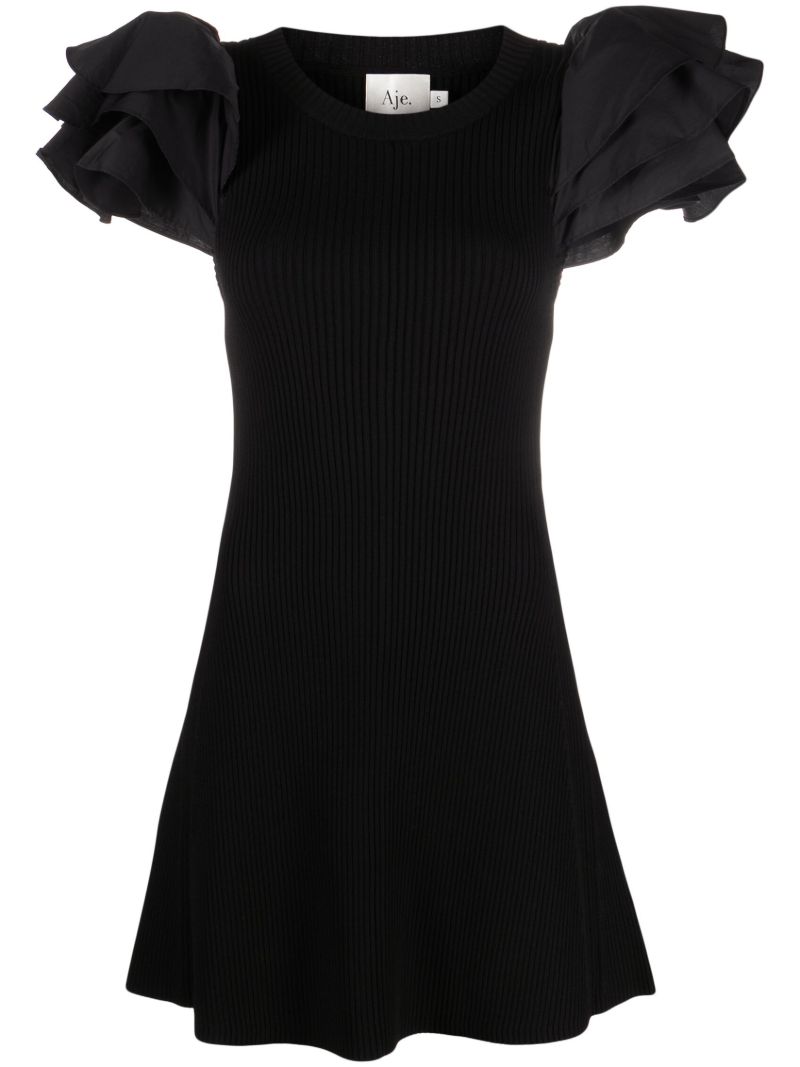 Black Ruffled Sleeve Ribbed Mini Dress