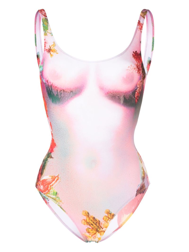 Pink Graphic Print Backless Swimsuit