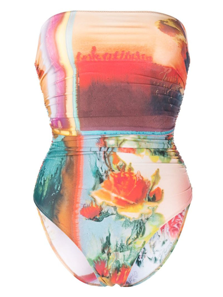 Orange Patchwork Floral Print Swimsuit